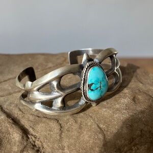 Native American Turquoise Sterling Silver Sand Cast Cuff Bracelet Eugene Gruber